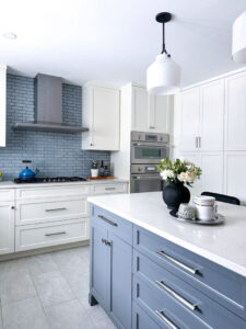 Wakefield design-build kitchen with gray cabinetry and blue backsplash tile